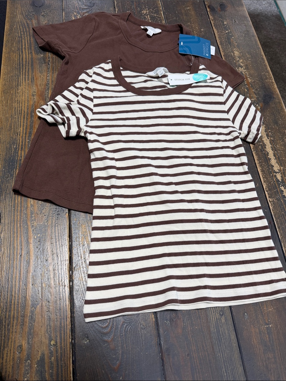 Market & Spruce 2-Pack Pearl Cotton Rib Crewneck Tee - Brown & Cream Striped - S